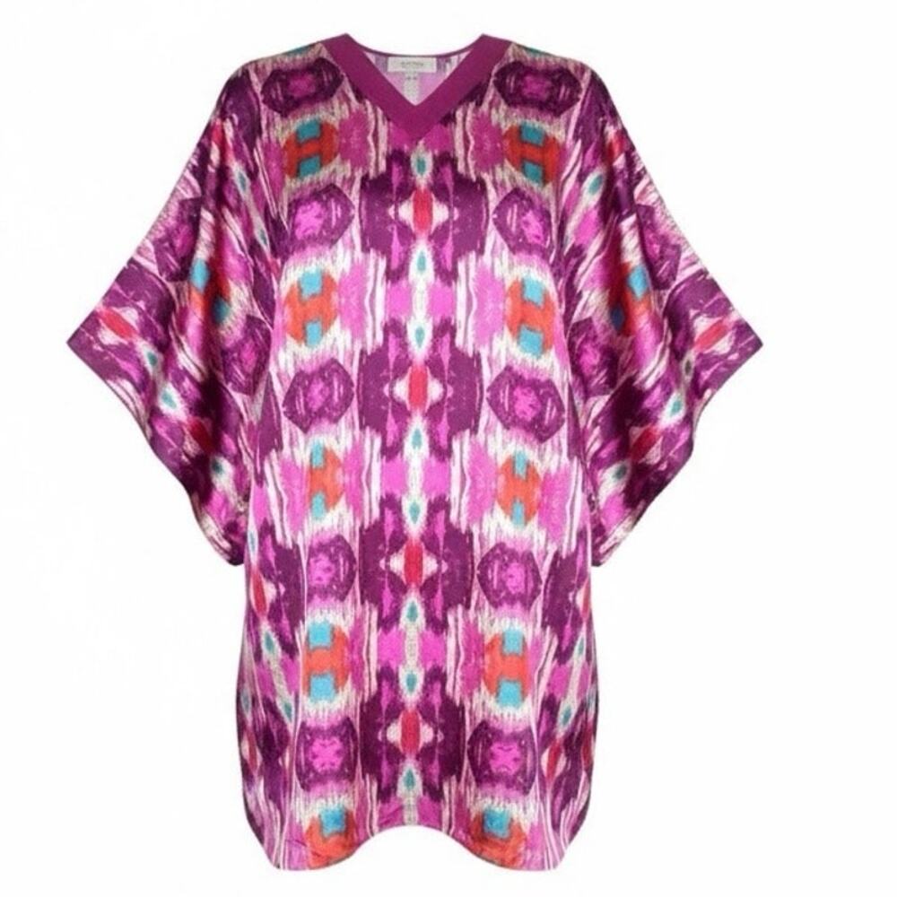 Winlar Caftan Dress One Size Multicolor Ikat Print Lounge Kaftan Satin V-Neck